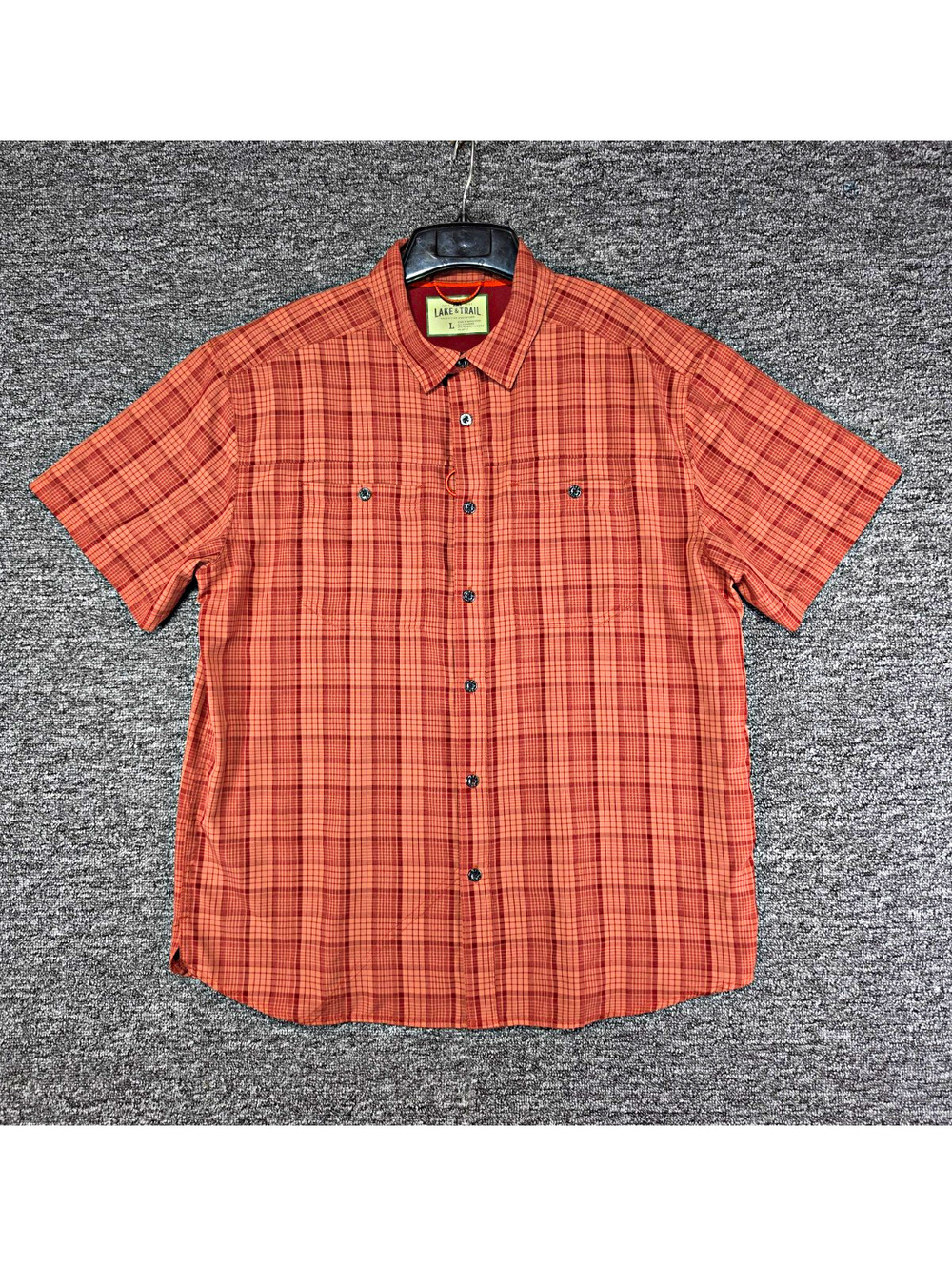 Lake & Trail Men's L Orange Plaid Short Sleeve Button-Up Pockets